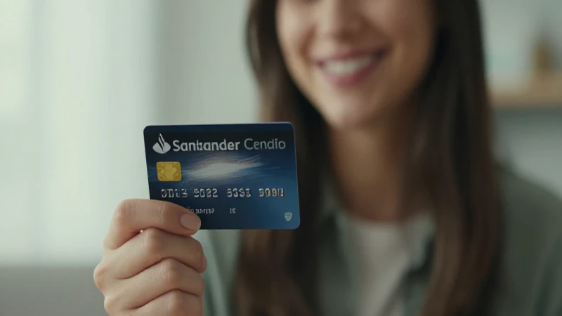 Mujer sonríe con tarjeta, solicita código Santander.