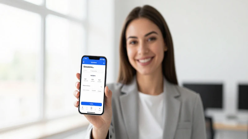 Mujer sonriente usa app bancaria en su móvil