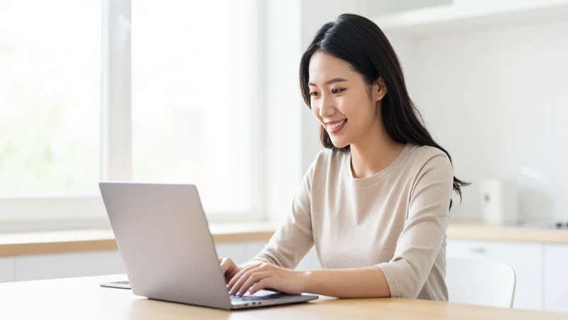 Mujer sonríe con laptop a la luz