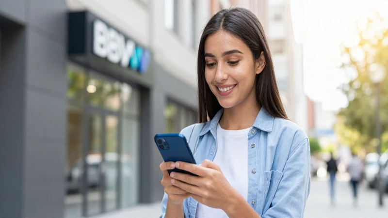 Joven sonríe con smartphone, banco moderno.
