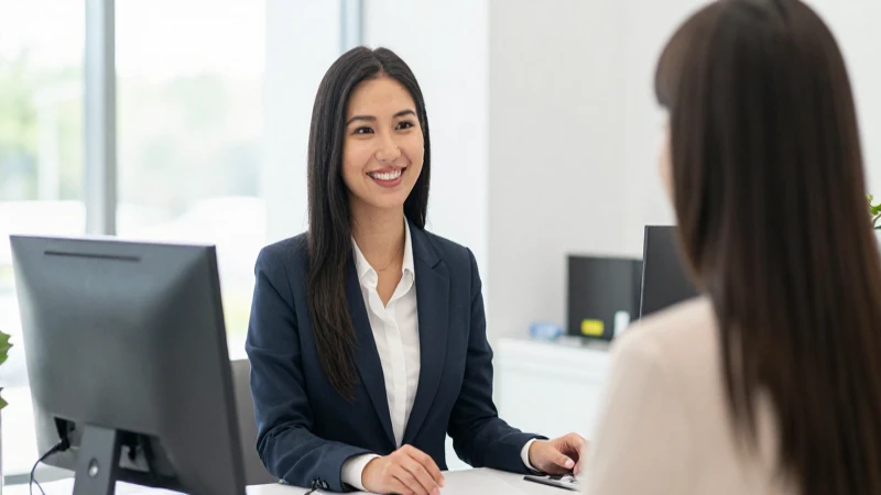 Cliente sonriente en moderno banco iluminado