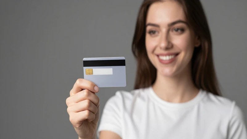 Mujer sonriente con tarjeta en estudio moderno
