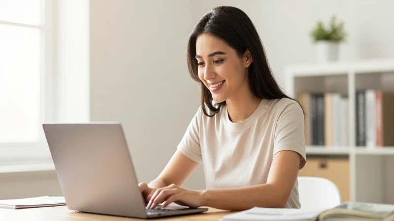 Joven sonríe con su laptop a la luz