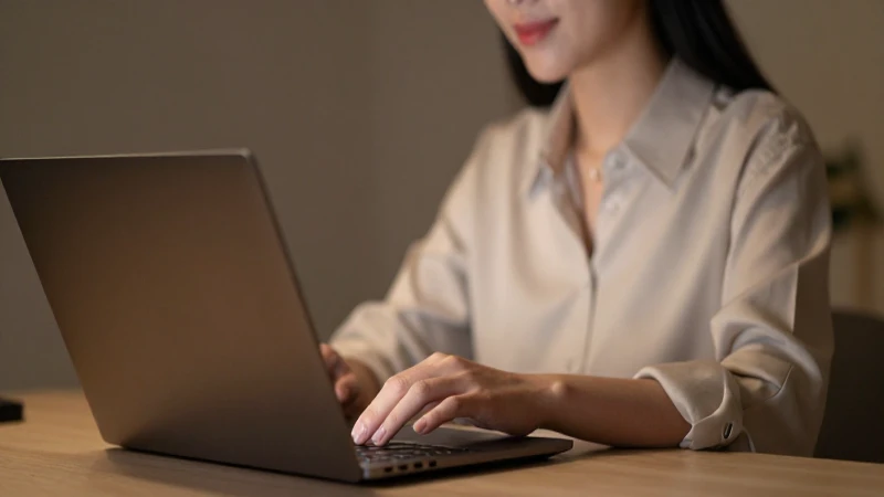 Mujer con laptop, luz cálida y enfoque suave.