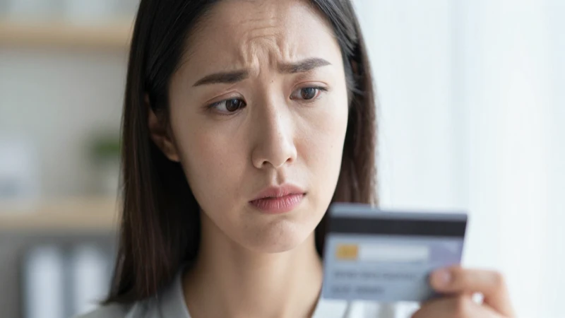 Mujer preocupada con tarjeta de banco