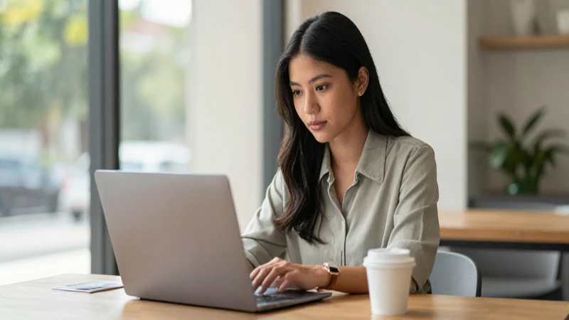 Mujer joven invierte en computadora.