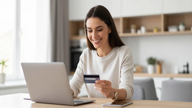 Mujer sonríe, compra con tarjeta en laptop