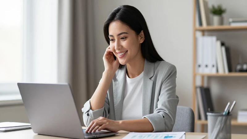 Mujer sonriendo, laptop, luz suave.