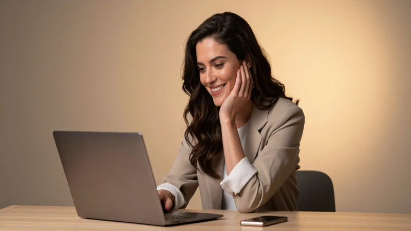 Mujer sonriendo con laptop en estudio cálido