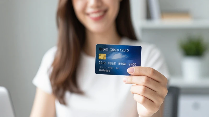 Mujer joven usa tarjeta en interior moderno