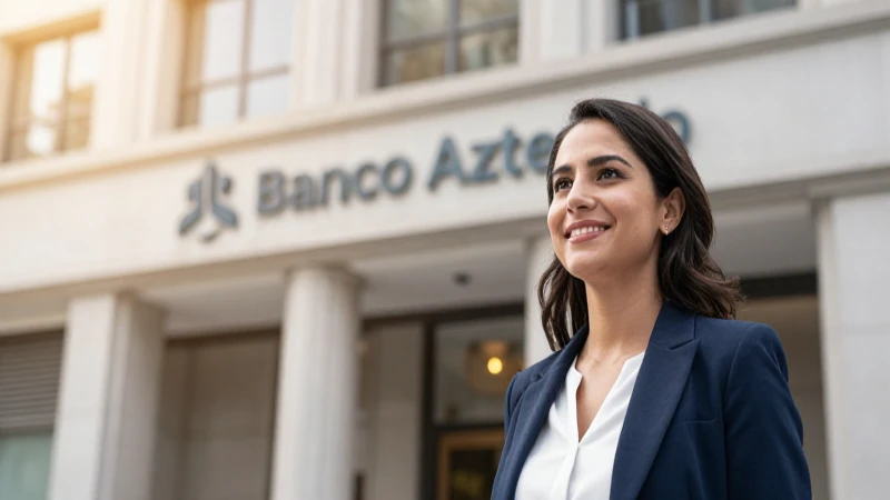 Mujer sonriente frente a una sucursal bancaria