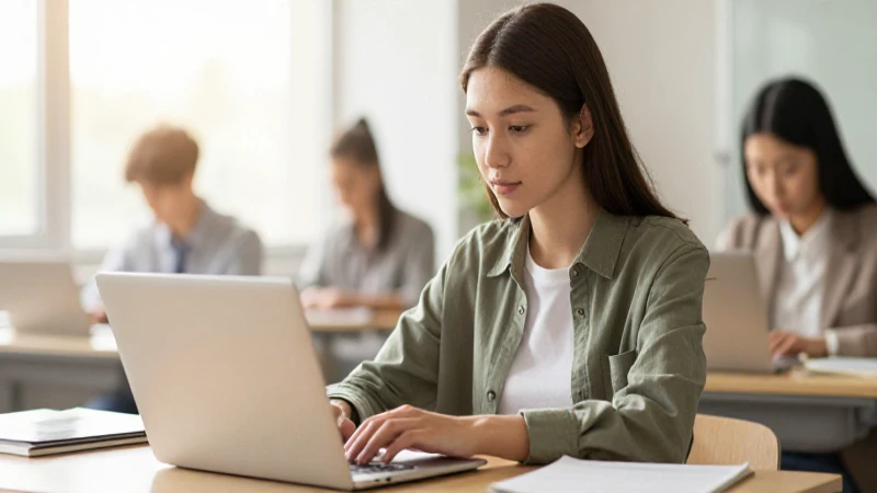 Estudiante joven, laptop, luz cálida y suave