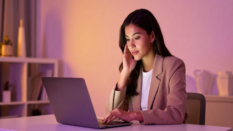 Mujer joven usa laptop en ambiente moderno.