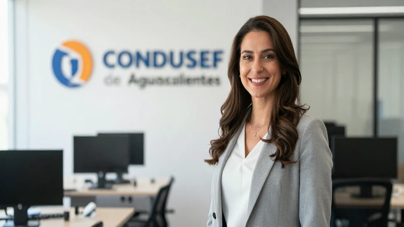 Mujer sonríe en moderna oficina iluminada.