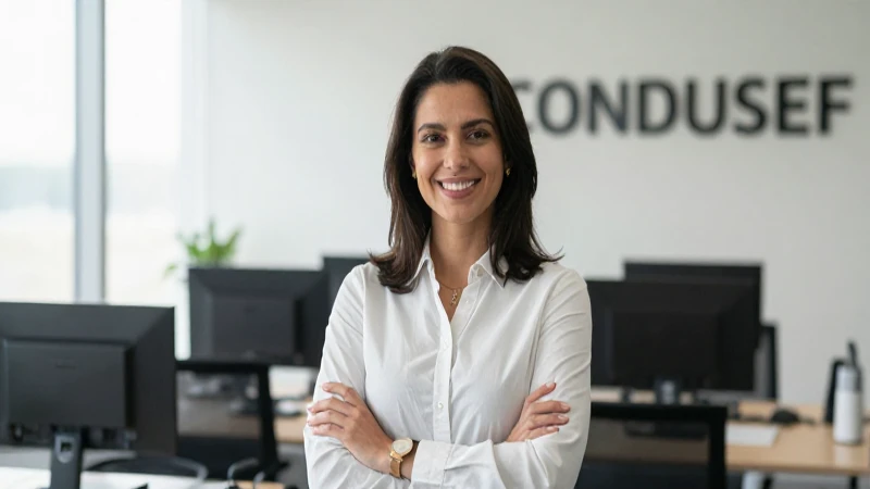 Mujer sonriente en oficina del CONDUSEF