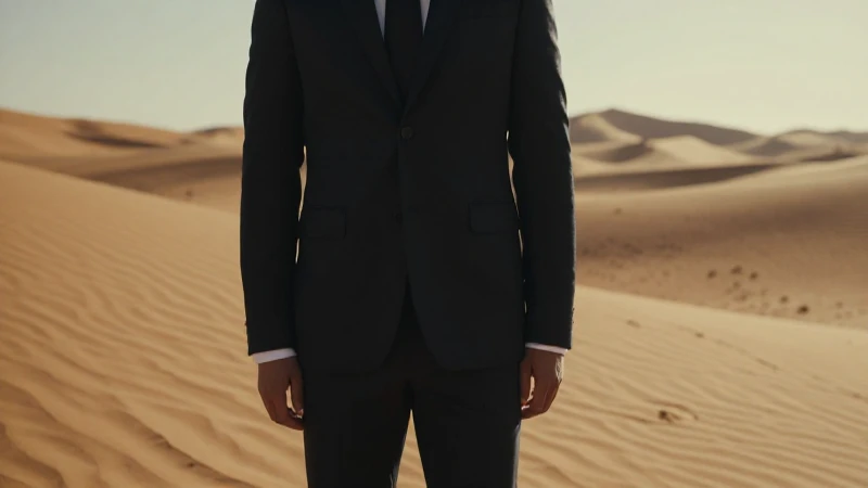 Hombre de traje en desierto cinematográfico