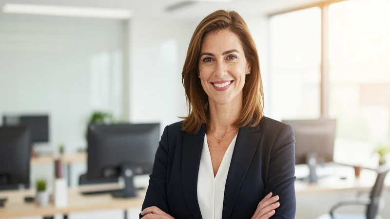 Mujer amable, profesional y sonriente en oficina luminosa