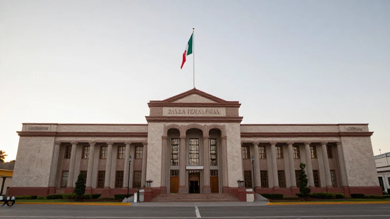 Bandera mexicana en edificio consular, luz suave