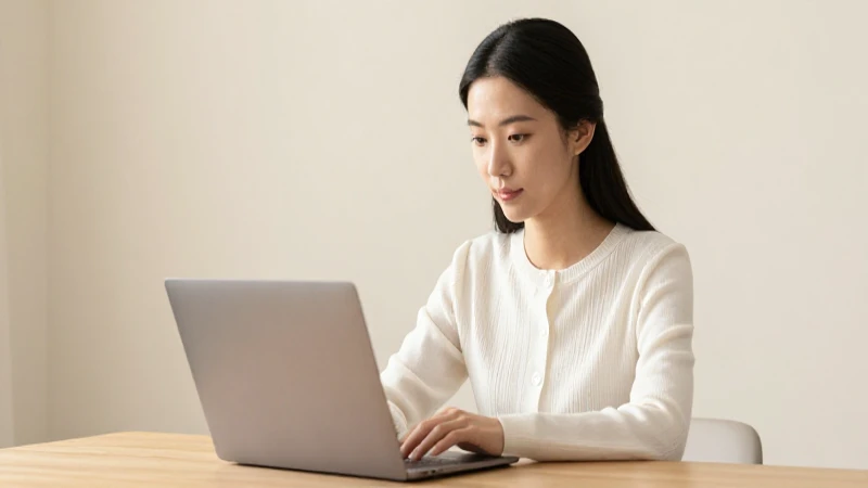 Mujer trabajando con laptop en luz cálida.