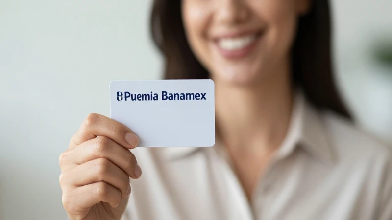 Mujer sonríe, tarjeta en mano, luz suave.