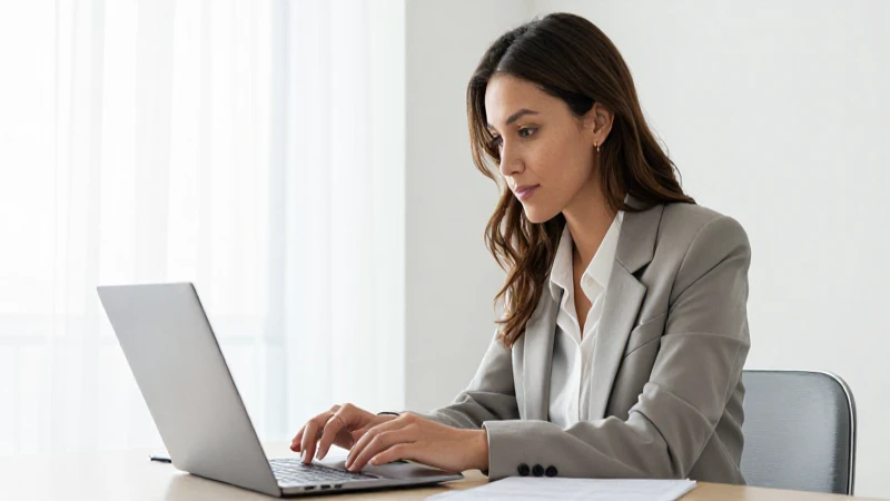 Mujer trabaja con laptop a luz natural.