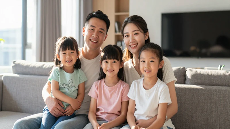 Familia sonriente en sala iluminada y moderna