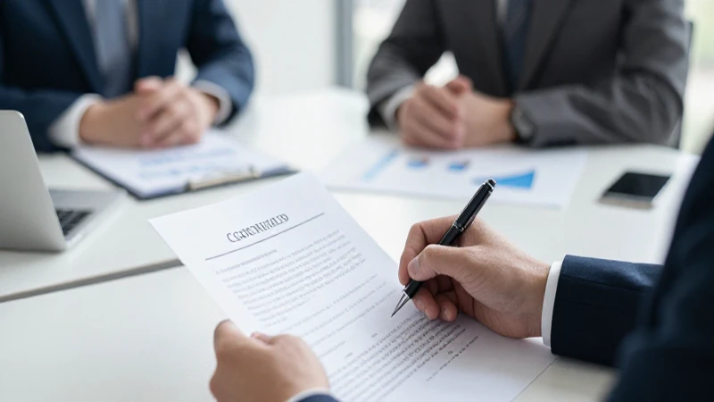 Reunión empresarial financiera con contrato estandarizado.