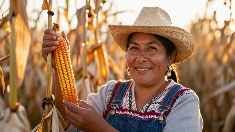 Mujer agricultora sonríe con maíz al atardecer