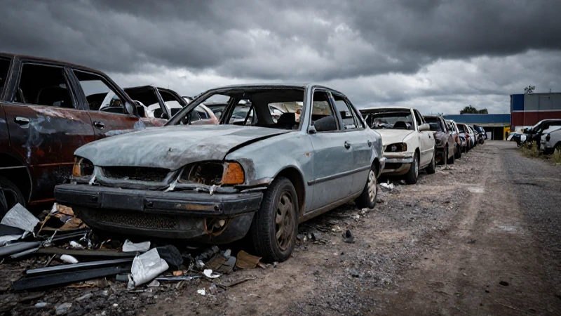 Coche destrozado en paisaje industrial sombrío