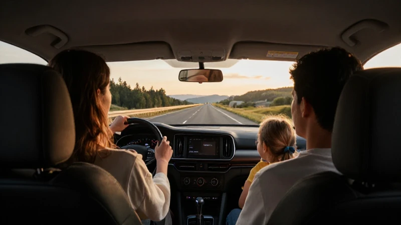 Familia en coche, luz cálida y paisaje