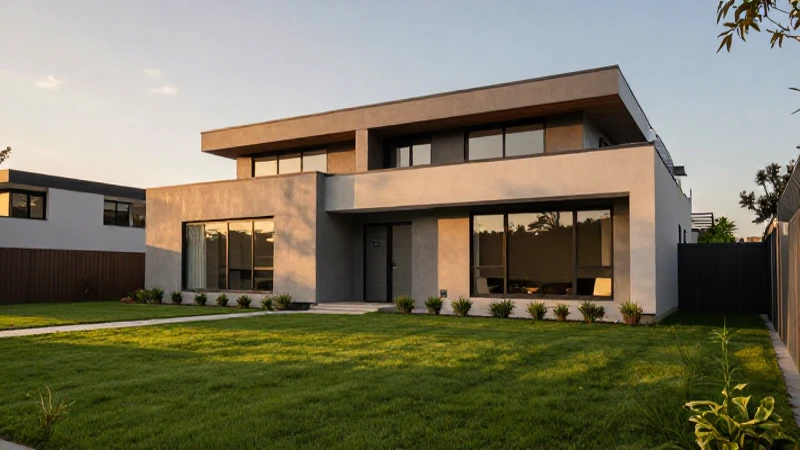 Crediavance: Encuentra tu casa con financiamiento de Ion 16 Casa moderna, césped verde, luz dorada.