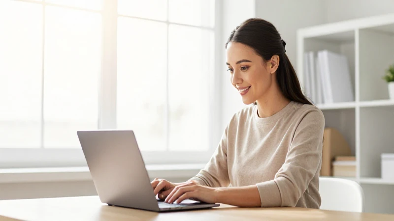 Es Crediclub una opción confiable para préstamos personales 10 Mujer sonríe con laptop y luz cálida.