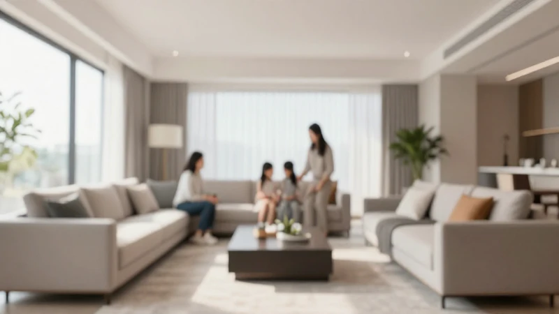 Salón moderno, luz natural y familia difusa