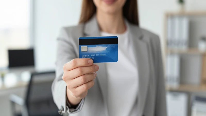 Mujer sostiene tarjetas en oficina moderna