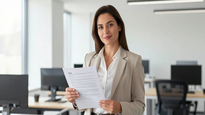 Mujer revisa documentos financieros en oficina.