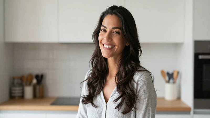 Mujer latina sonríe en cocina cálida.