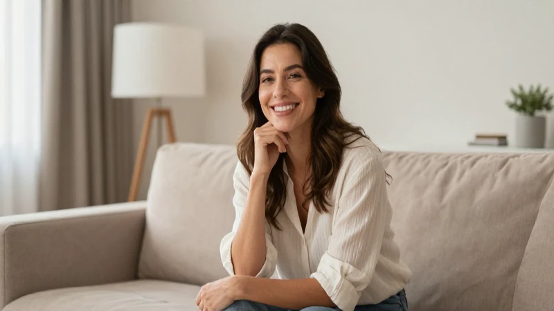 Mujer sonríe en sala, luz cálida