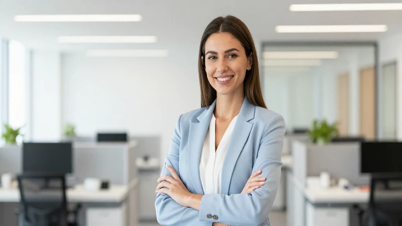 Mujer profesional sonríe en oficina luminosa