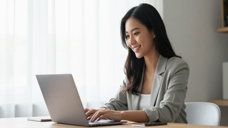 Mujer sonríe con laptop a la luz natural