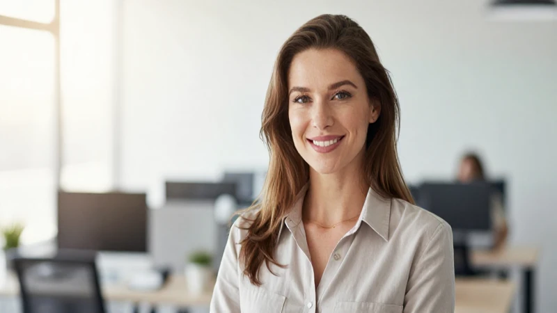 Mujer sonriente en oficina, luz suave y brillante