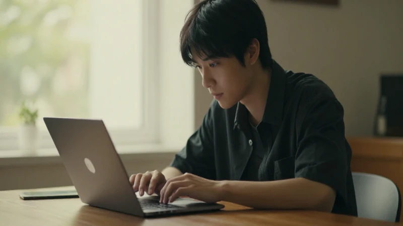 Joven con laptop en luz cálida y suave