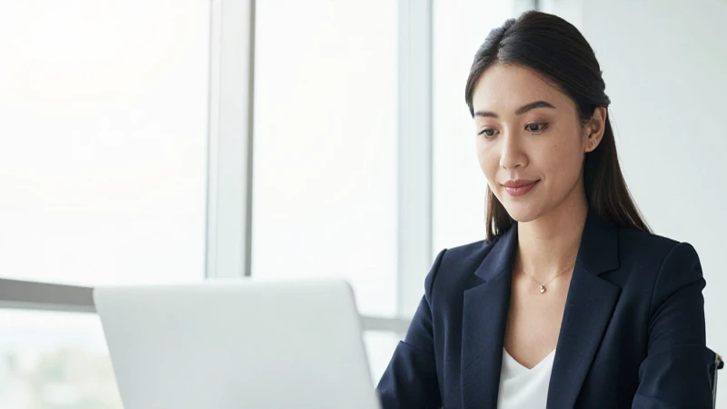 Mujer de negocios, laptop, luz y profesionalidad