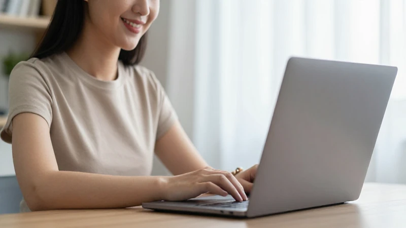 Mujer sonríe con su portátil abierto