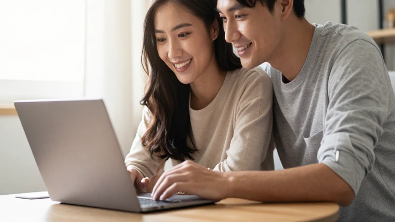 Pareja feliz, laptop, ambiente cálido y acogedor