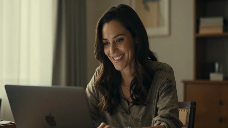 Mujer sonriendo con portátil, luz cálida