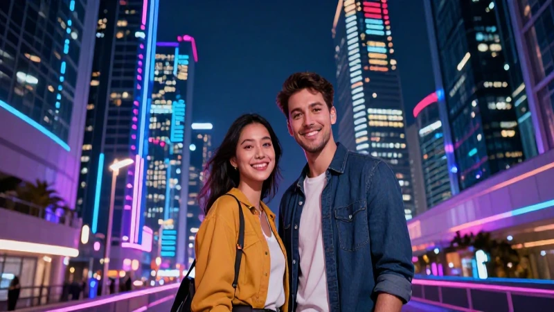 Pareja sonríe entre luces neón futuristas