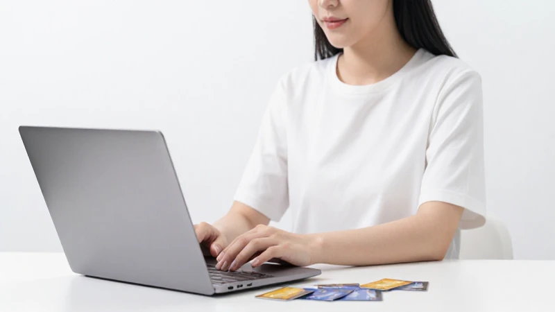 Mujer mira laptop rodeada de tarjetas.