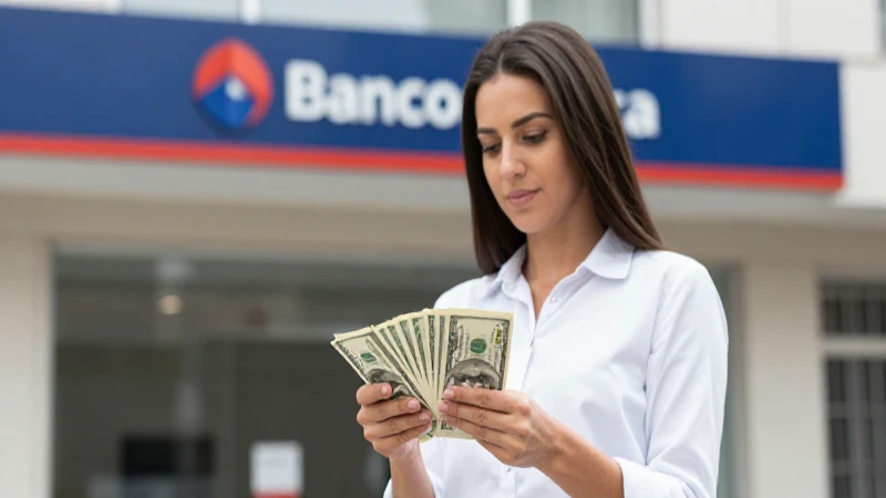 Mujer cuenta dinero; banco de fondo.