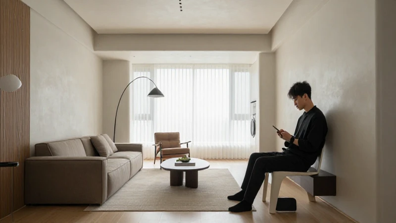 Persona usa móvil en moderno apartamento.