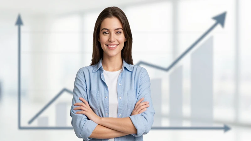 Mujer sonríe ante éxito financiero optimista.